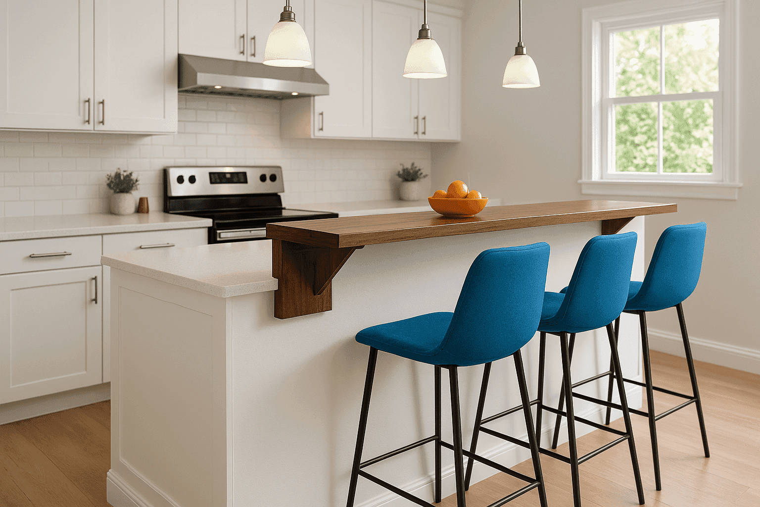 Kitchen with wooden raised bar and stylish bar stools