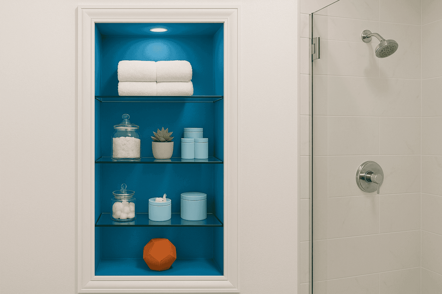 Bathroom with elegant recessed shelving holding neatly arranged toiletries