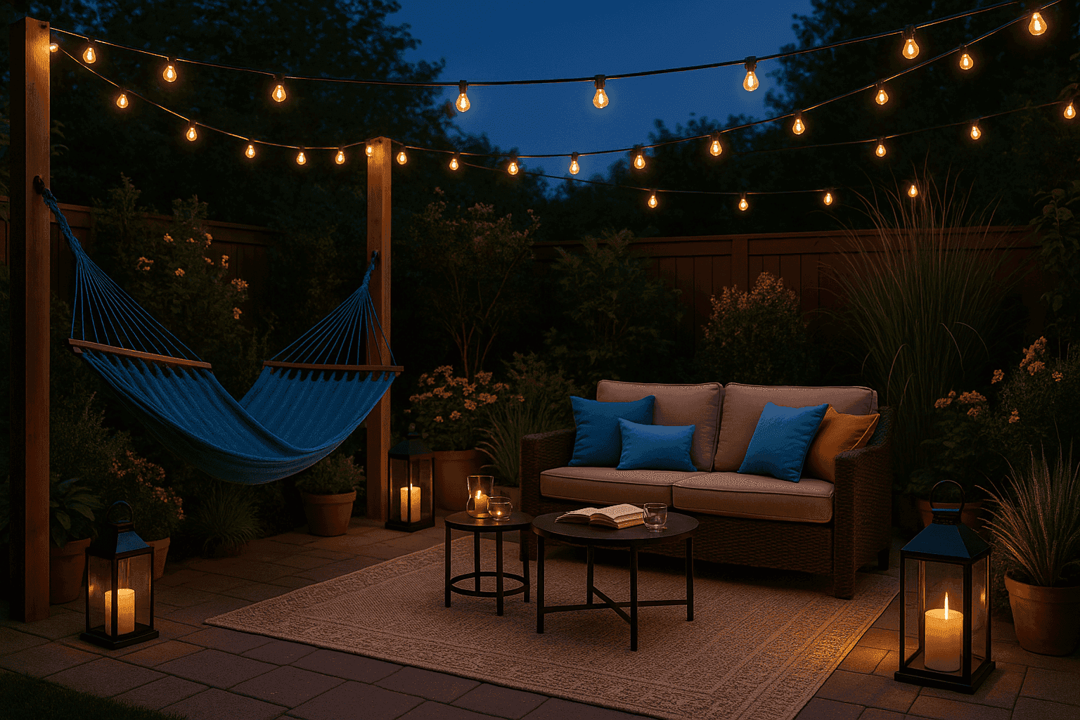 Beautifully styled relaxing patio with hammock, plants, and ambient lighting