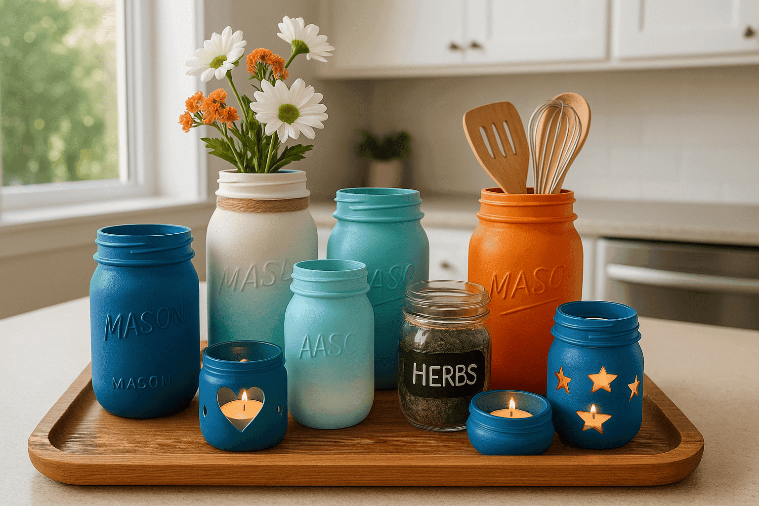 Collection of repurposed mason jars as decor and organizers