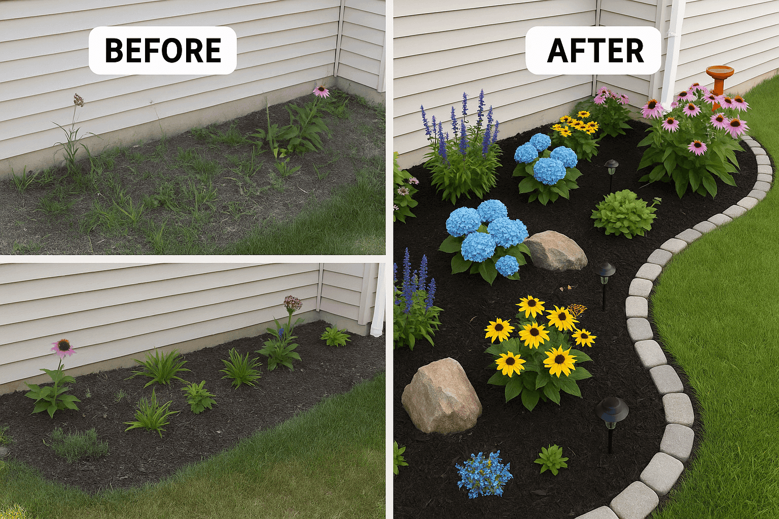 Before and after of a revitalized garden bed with colorful flowers and fresh mulch