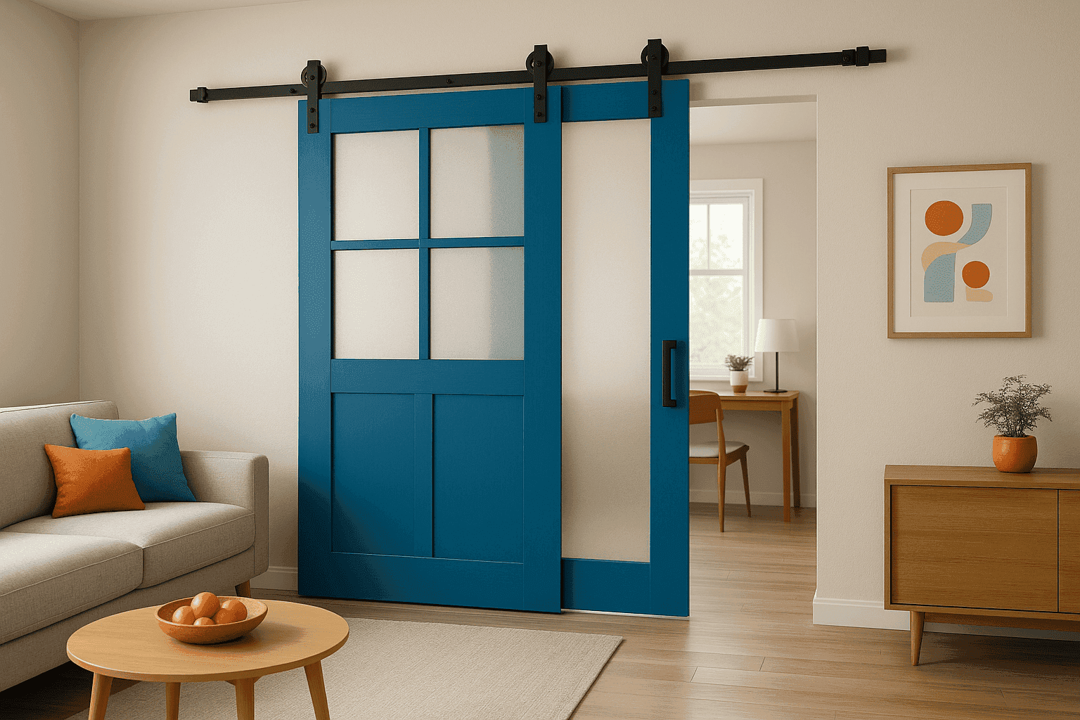Open concept living space with stylish sliding barn door room divider partially closed