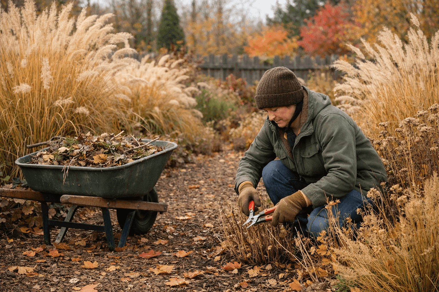 Backyard garden in autumn with colorful fall foliage, raked leaf piles, and a gardener cutting back perennial stems
