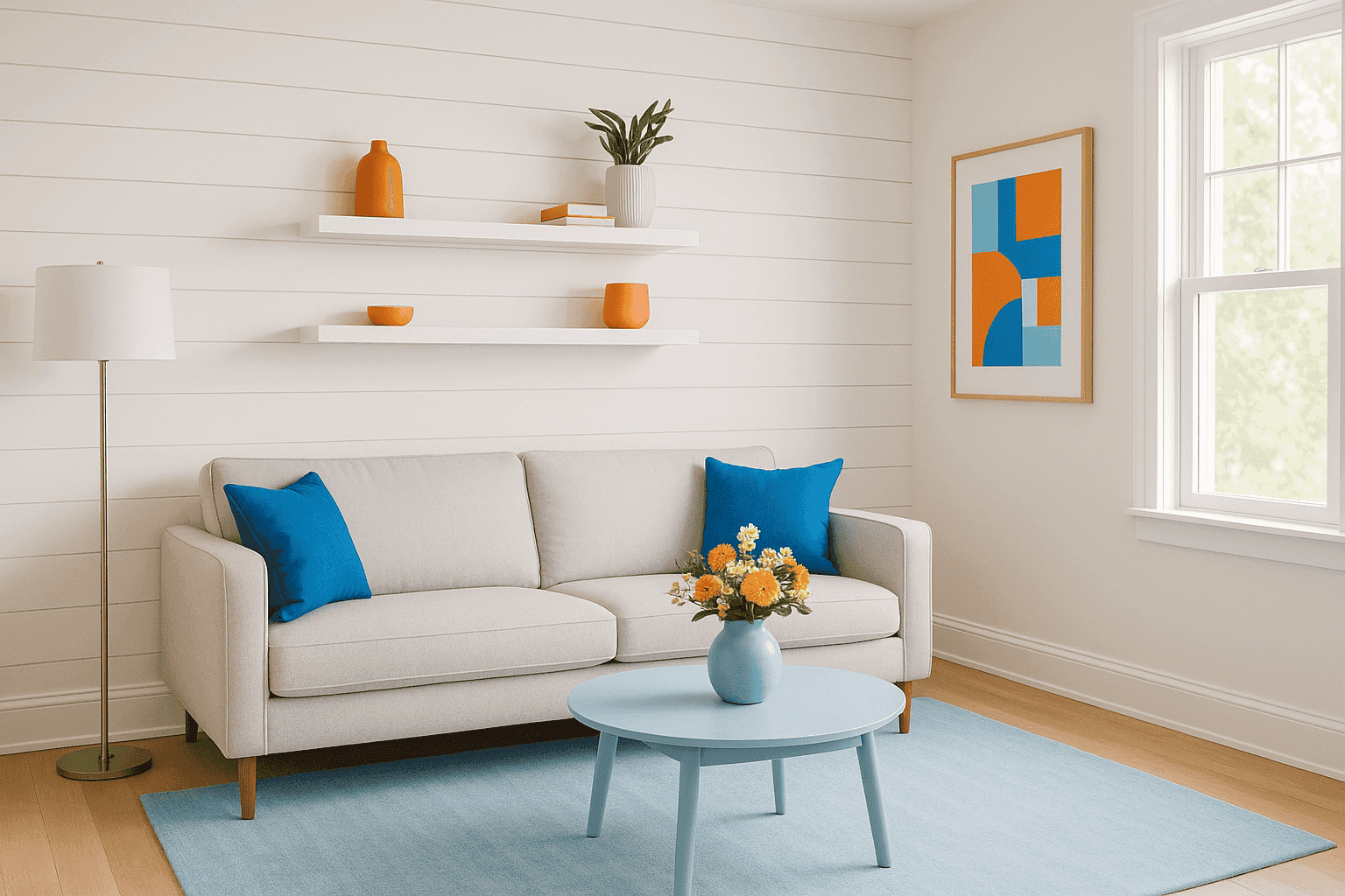 Living room with white shiplap accent wall and modern furnishings