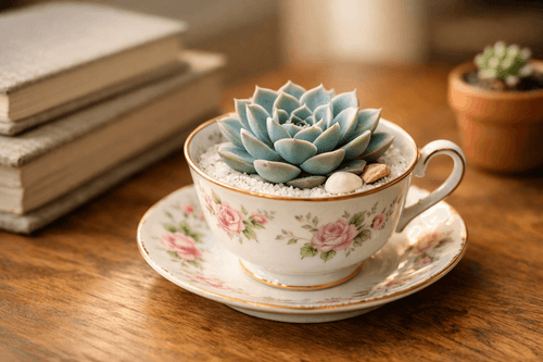 Steeped in Green: Succulents in a Vintage Teacup