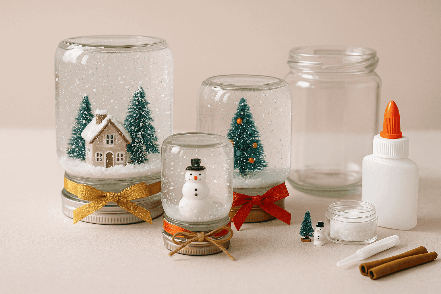 Collection of handmade snow globes with miniature holiday scenes inside