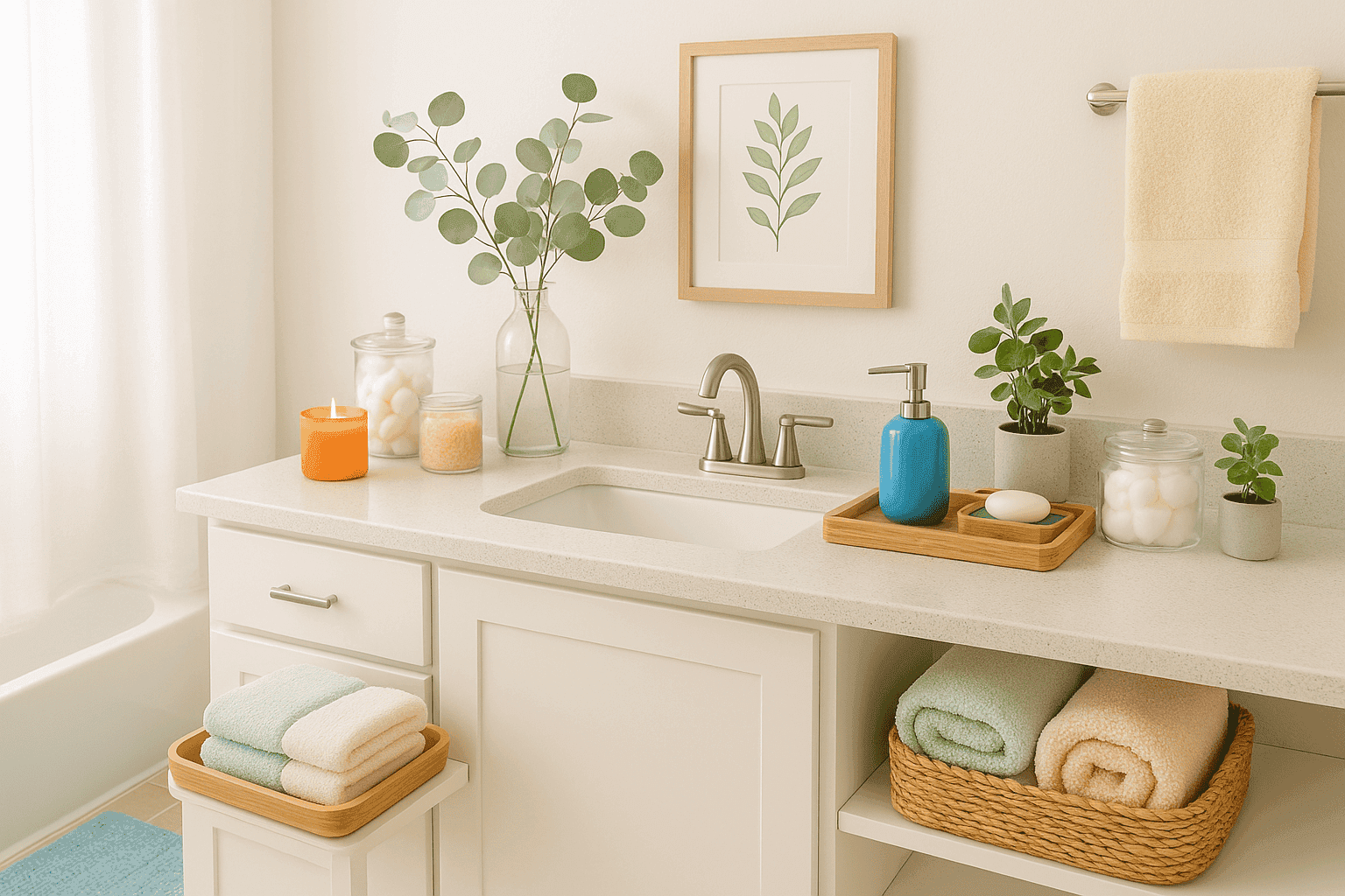 Fresh, spa-like bathroom with spring decor elements