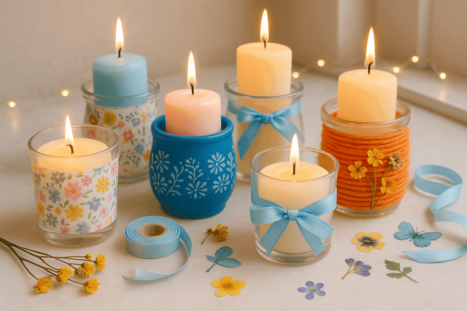 Collection of DIY spring-themed candle holders with fabric and ribbon embellishments