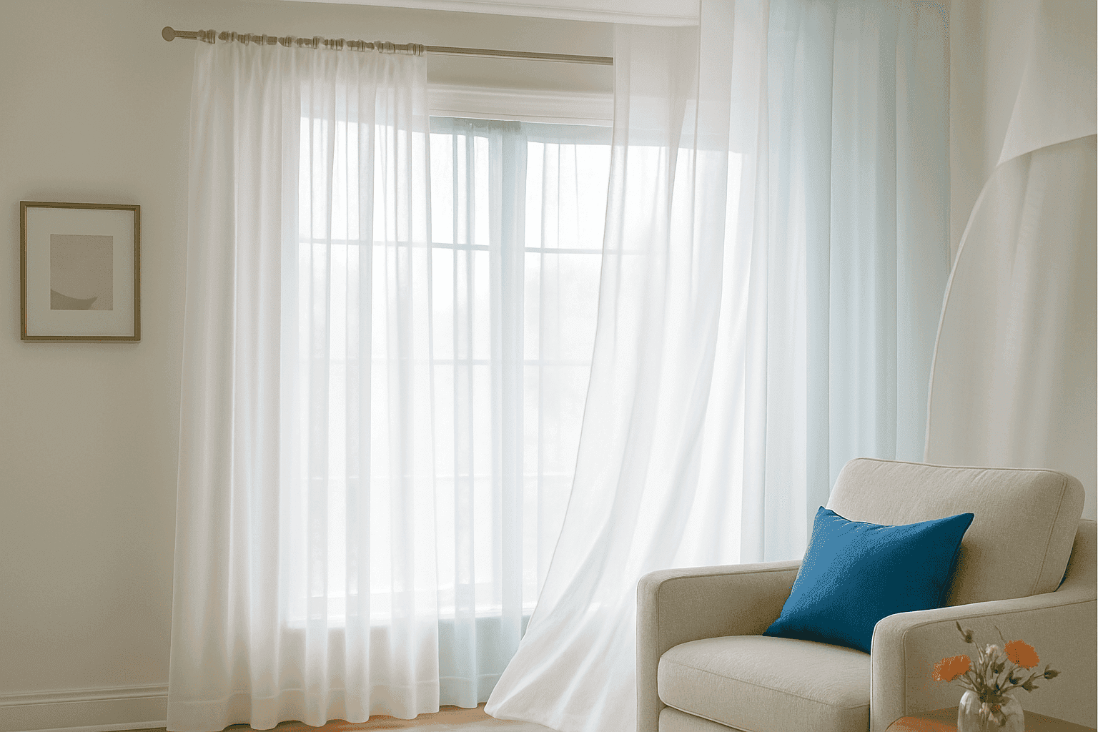 Light, sheer curtains billowing in a sunny window