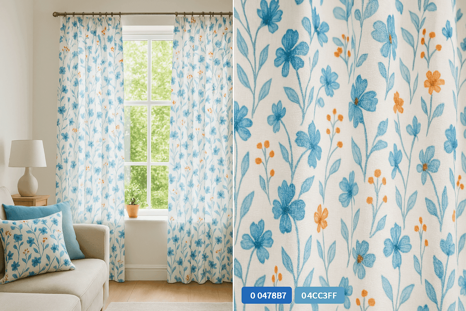 Light, airy living room with floral patterned curtains filtering spring sunlight