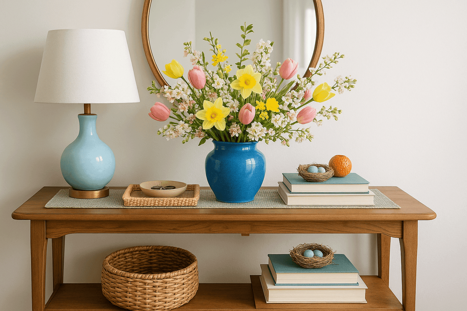 Elegantly styled entry table with spring floral arrangement and seasonal decor