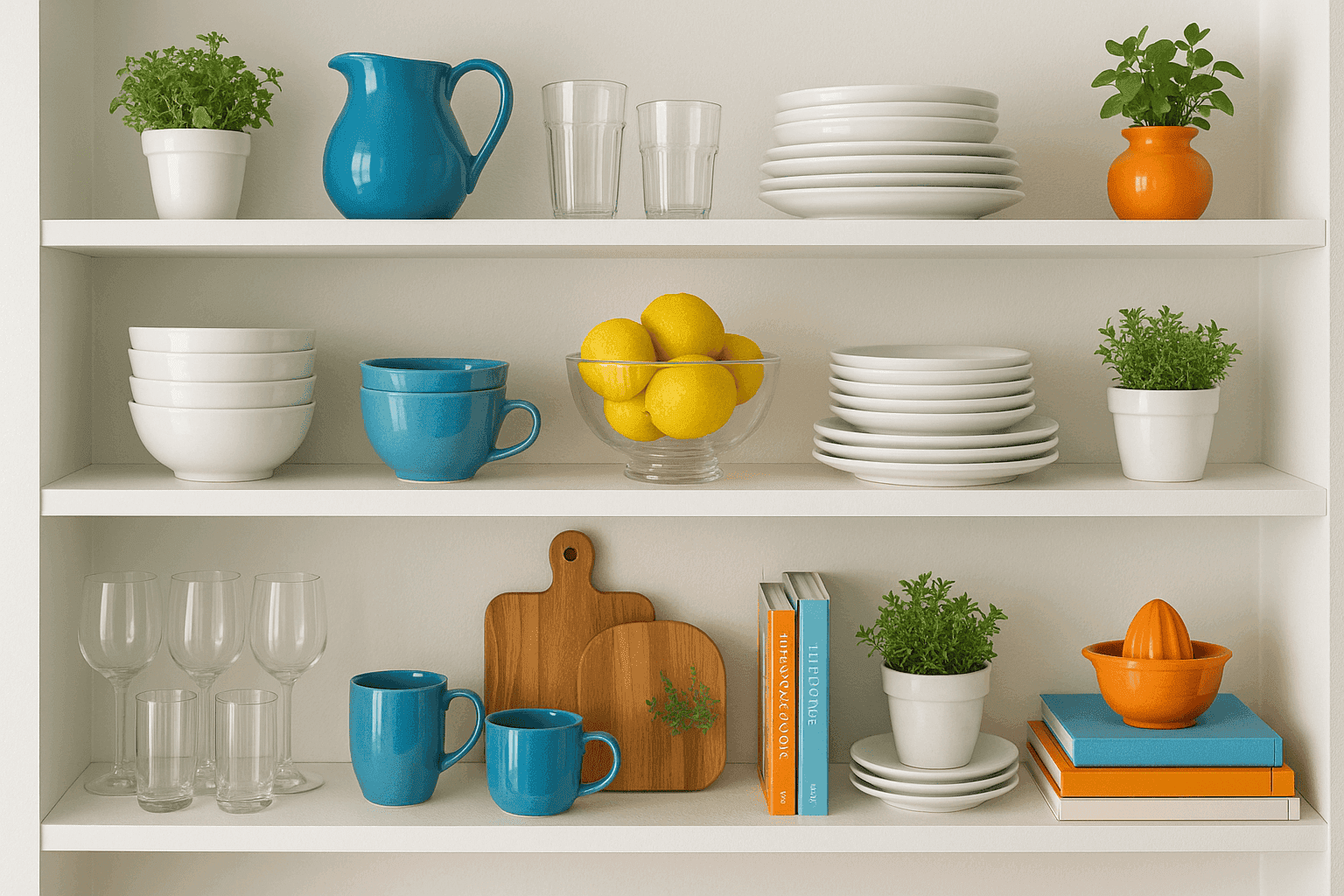Beautifully styled open kitchen shelves with spring decor