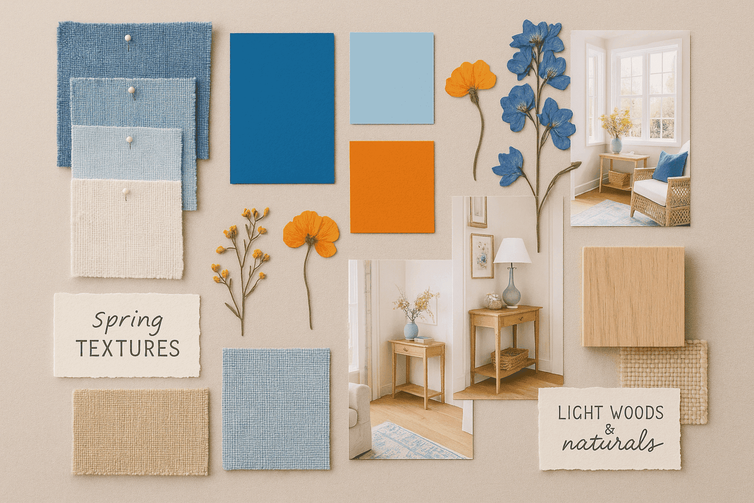 Beautiful spring mood board with fabric swatches, color samples, and botanical elements