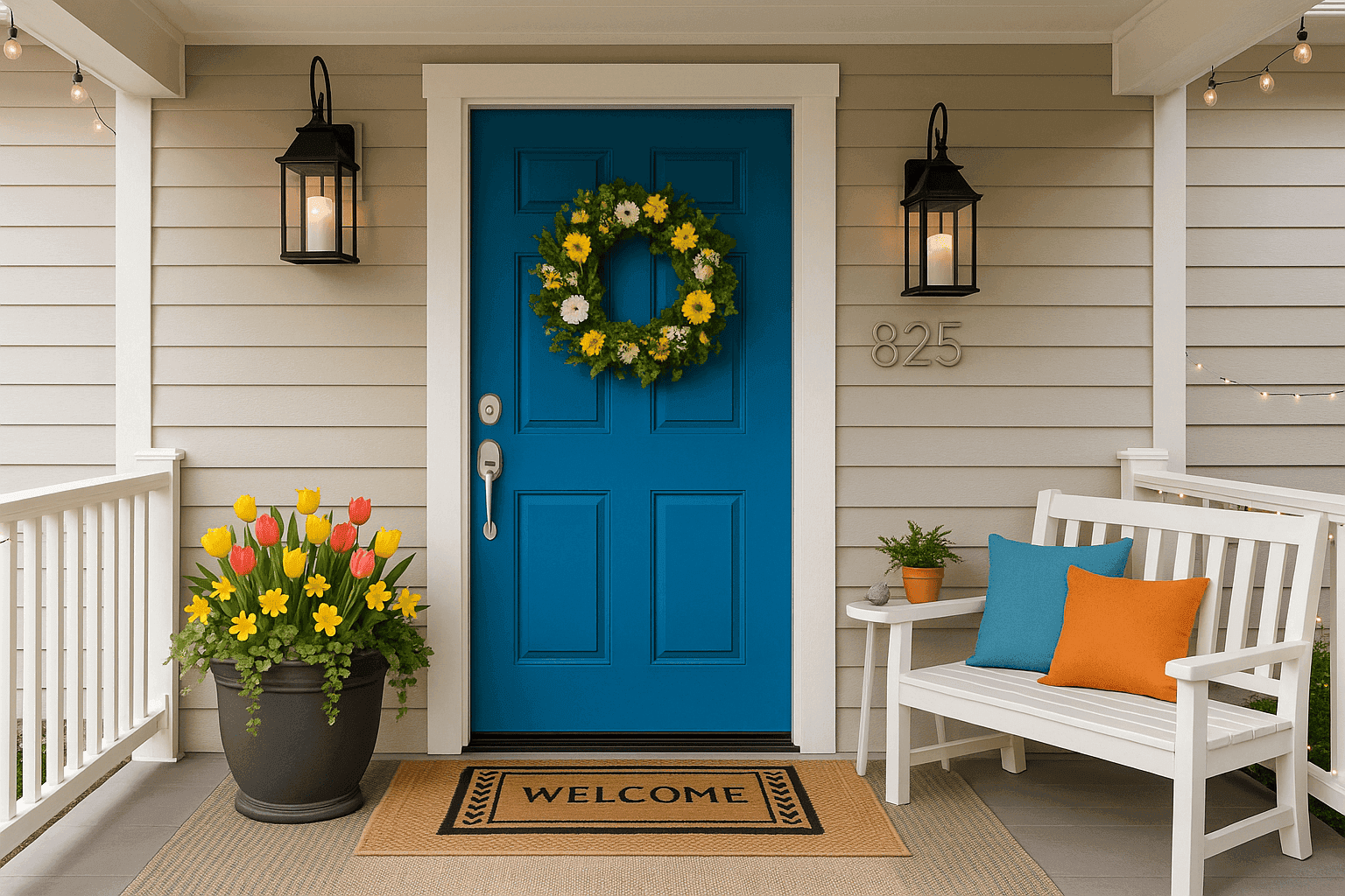 Beautifully refreshed spring front porch with flowers, welcome mat and seasonal decor