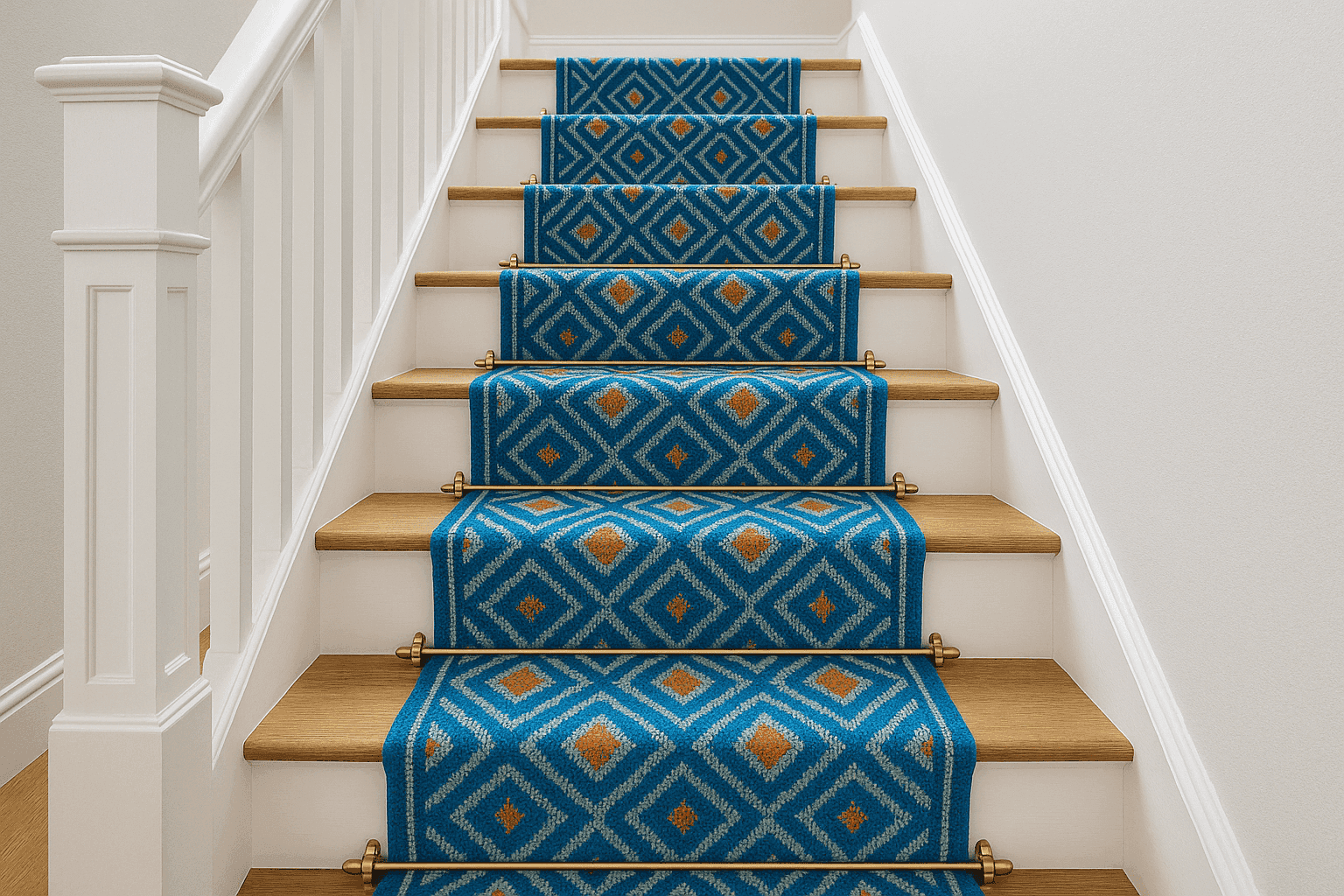 White-painted staircase with a bold blue patterned runner installed