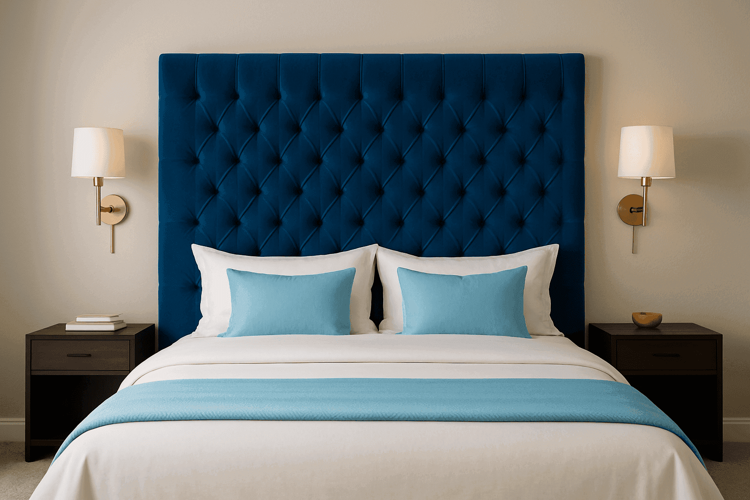Elegant bedroom with a large custom wall-mounted headboard in blue tufted fabric