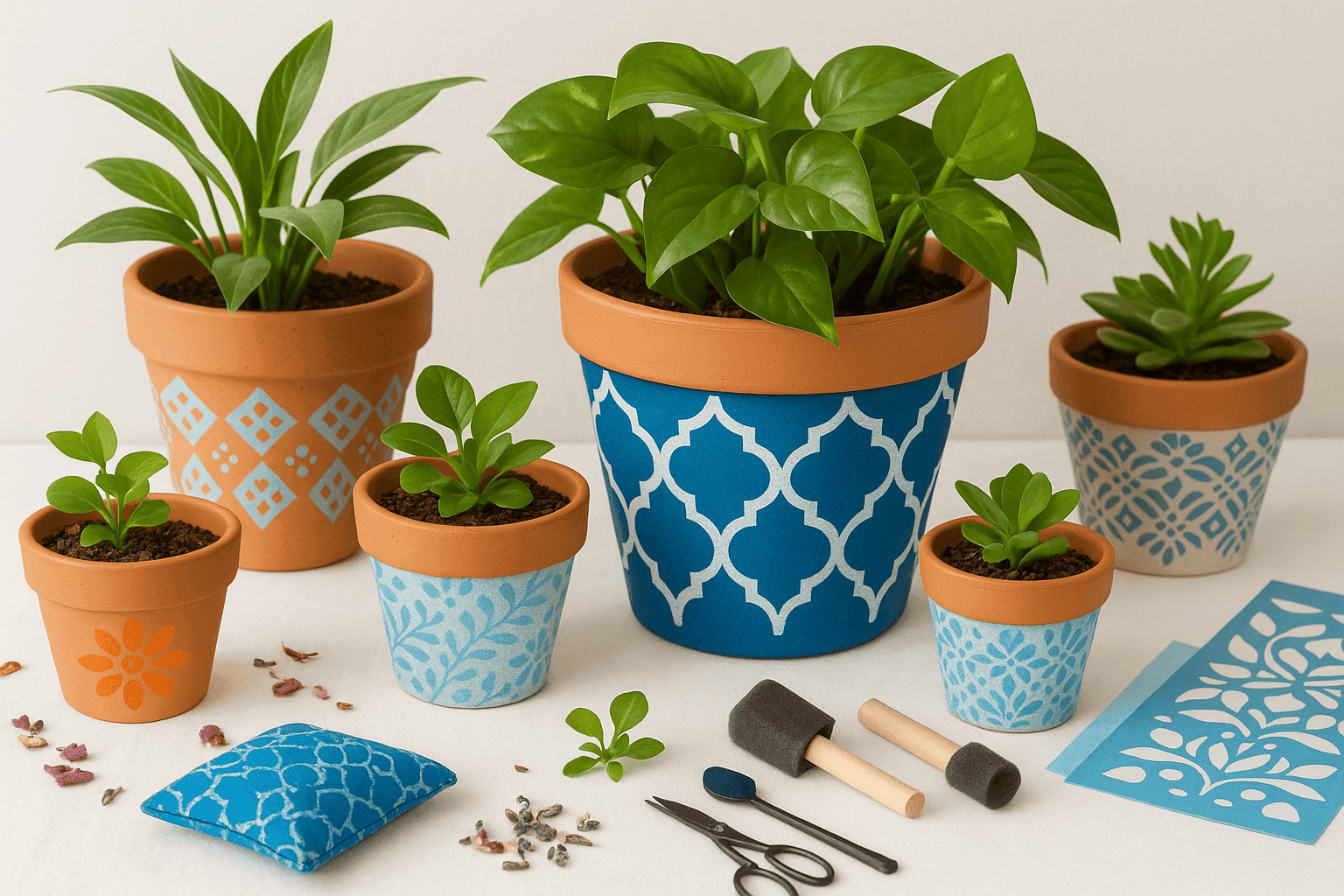 Collection of stenciled planters with spring plants
