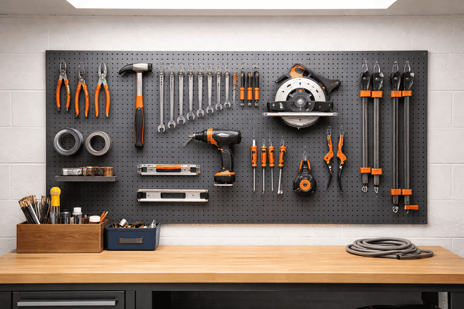 Organized garage wall with DIY pegboard tool storage, labeled bins, and ceiling-mounted bike hooks