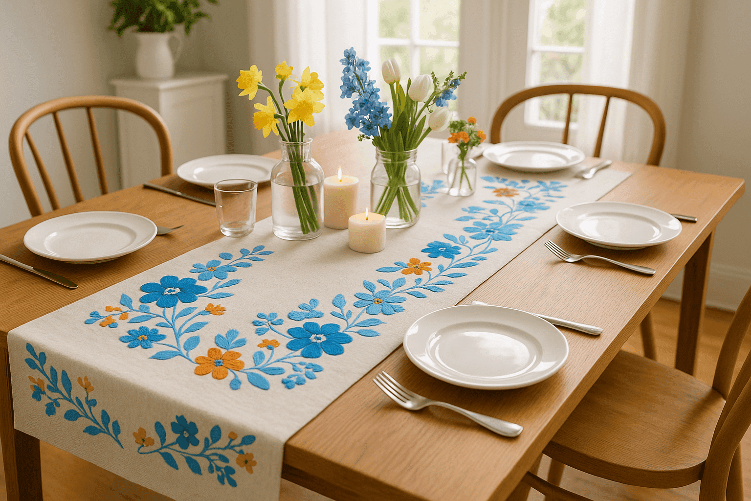 Beautiful handmade floral table runner styled on a spring dining table
