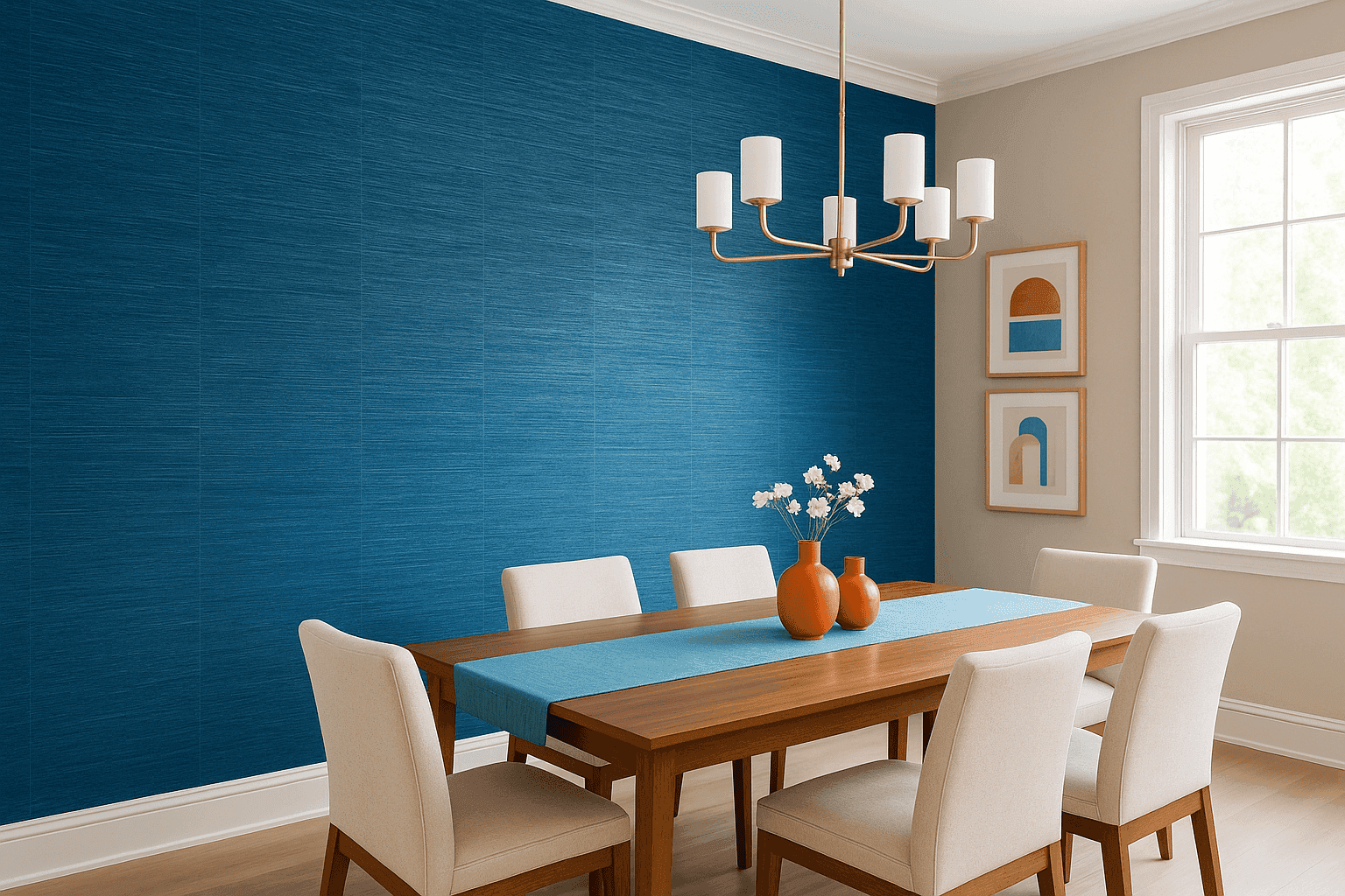 Elegant dining room with textured grasscloth wallpaper in a blue hue