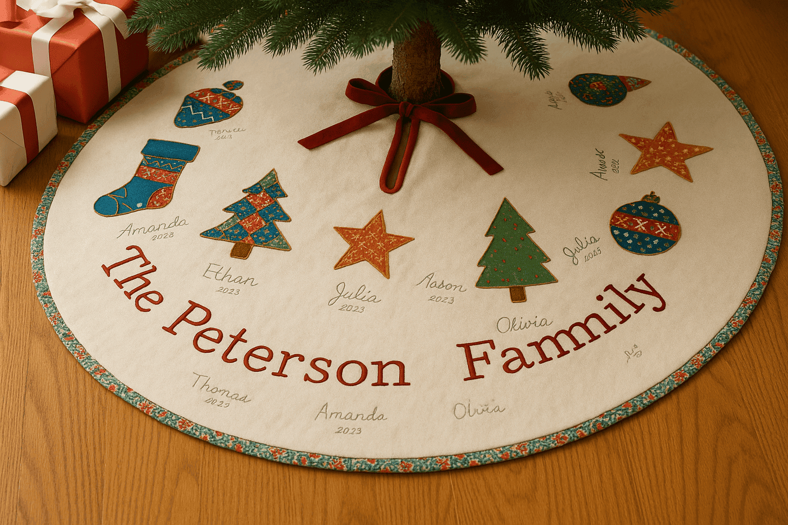 Beautiful handmade Christmas tree skirt with personalized details