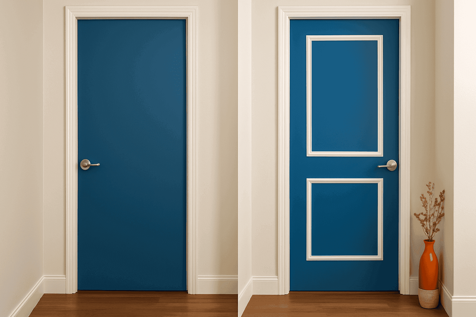 Interior door with decorative trim painted in a contrasting color