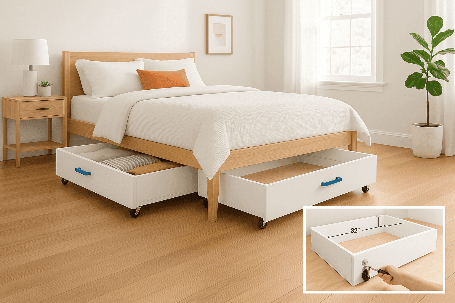 Bedroom with custom rolling drawers underneath bed for storage