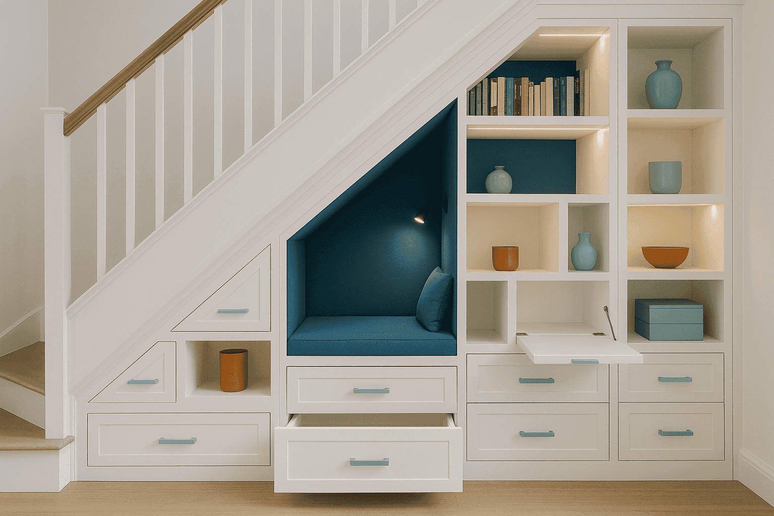 Elegant under-stairs storage with built-in drawers and cabinets