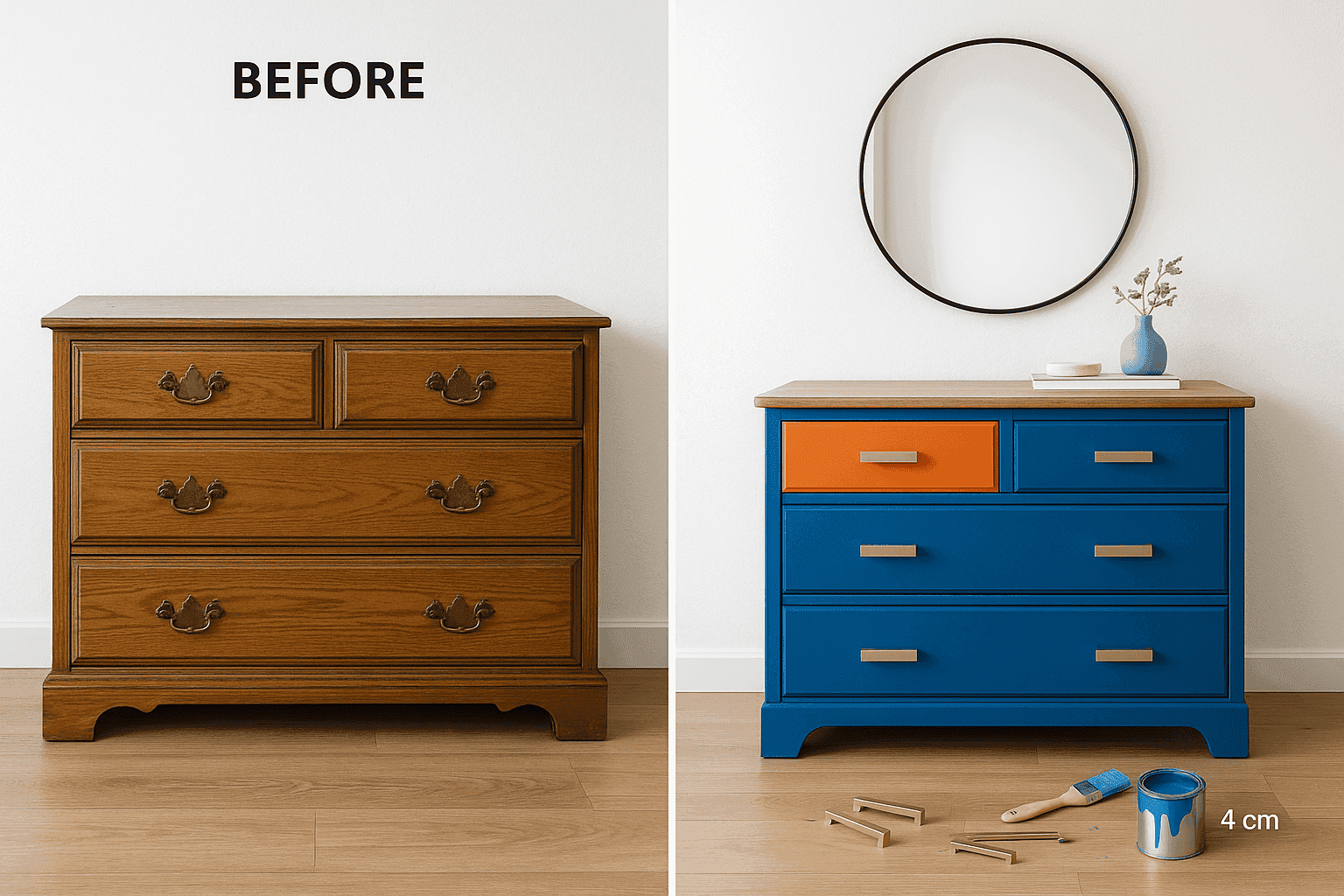 Before and after of a vintage dresser transformed with paint, new hardware, and creative details