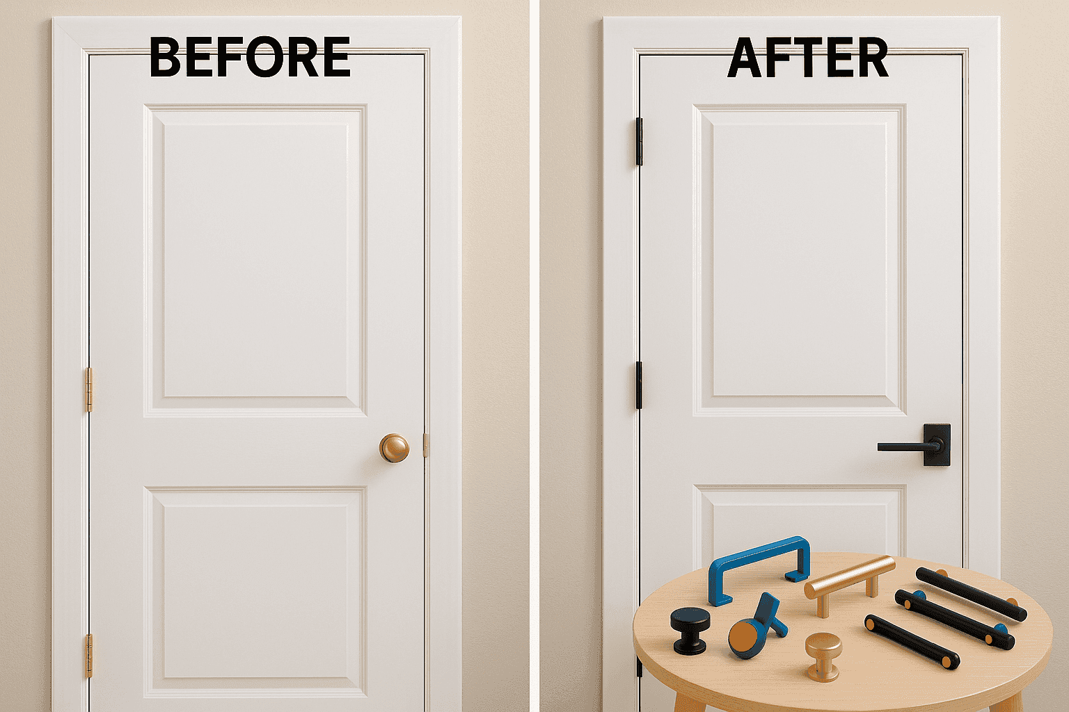 Before and after of door with updated modern black hardware