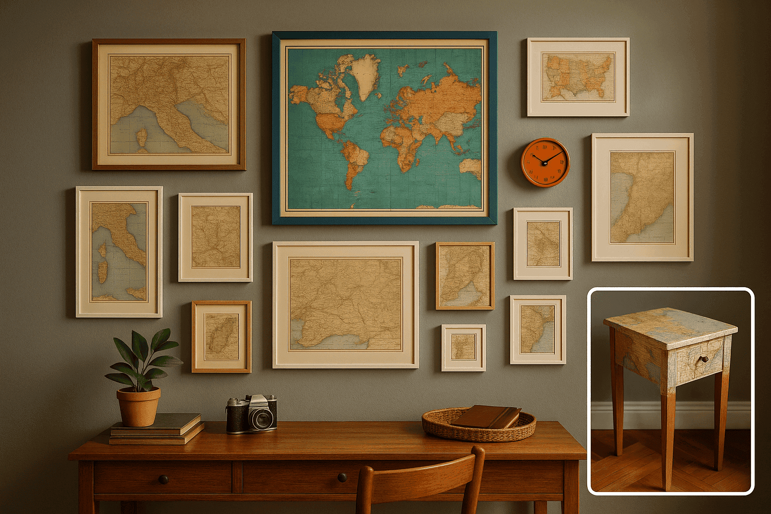 Gallery wall featuring framed vintage maps of different regions and styles
