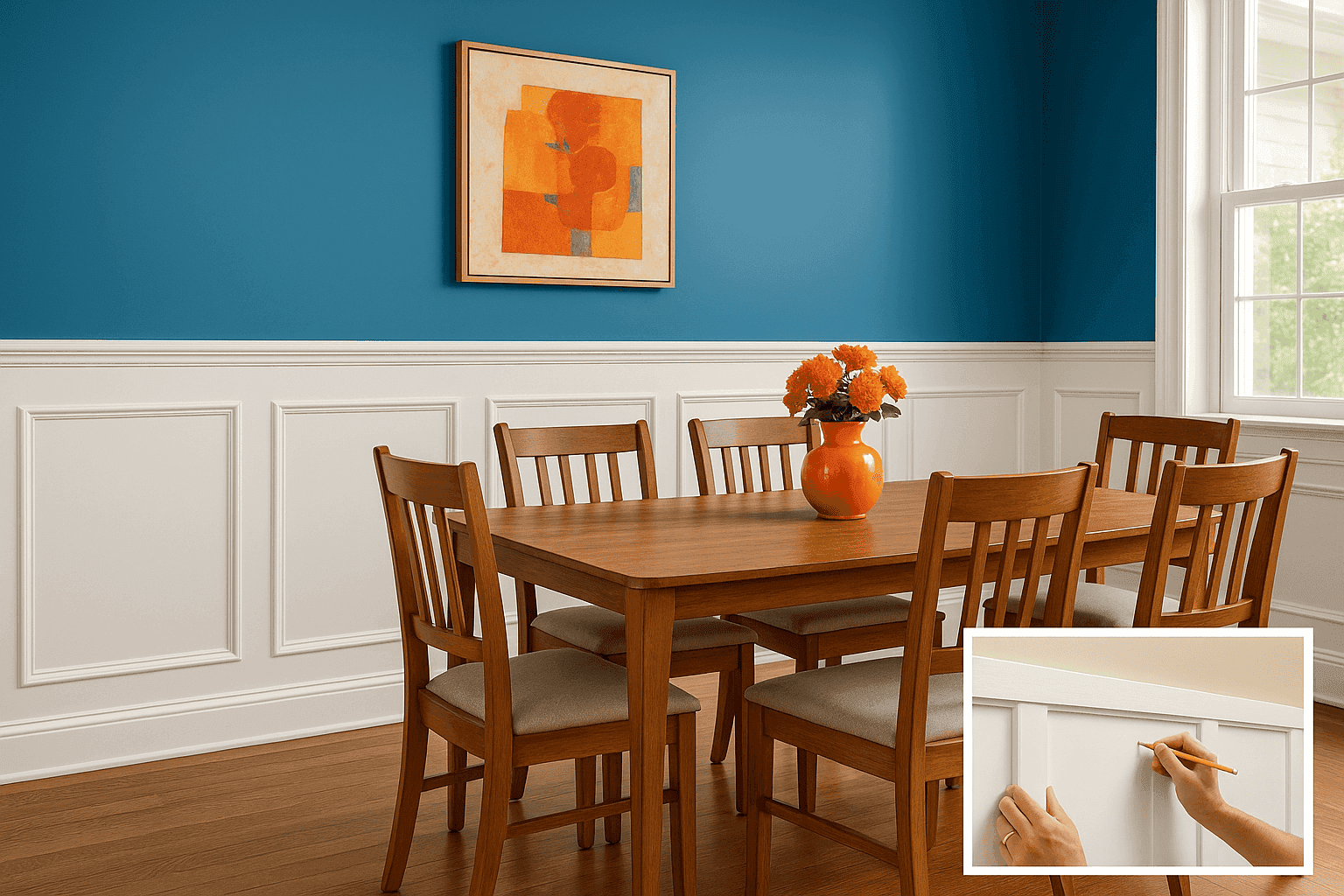 Dining room with crisp white wainscoting against blue upper walls