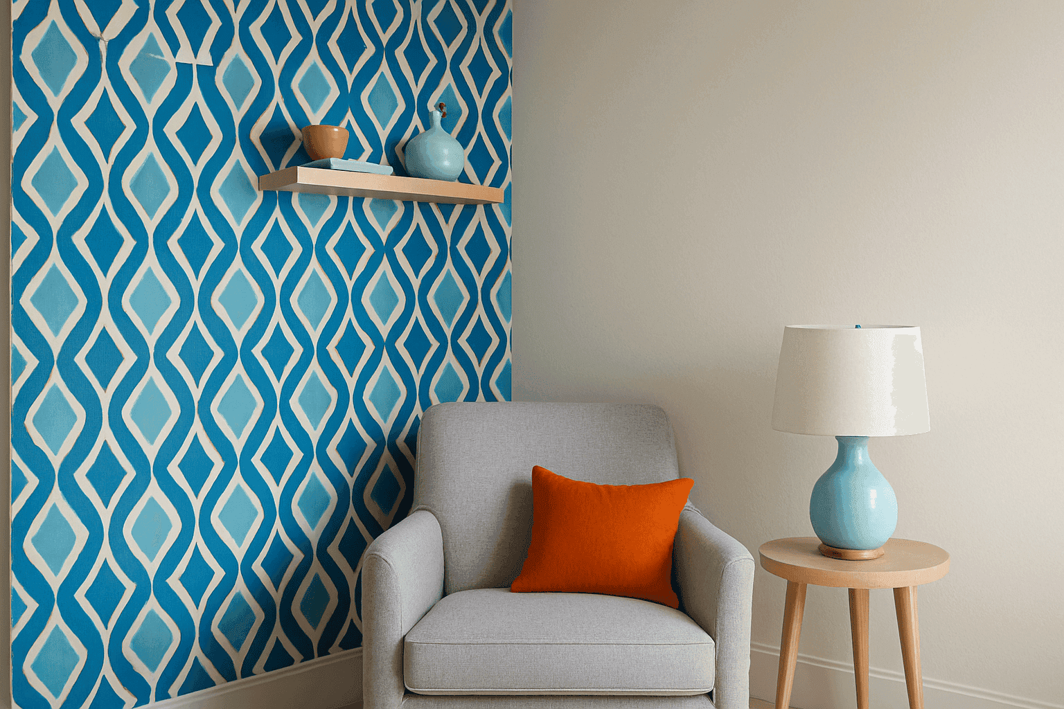 Room corner featuring bold patterned wallpaper creating a striking accent area