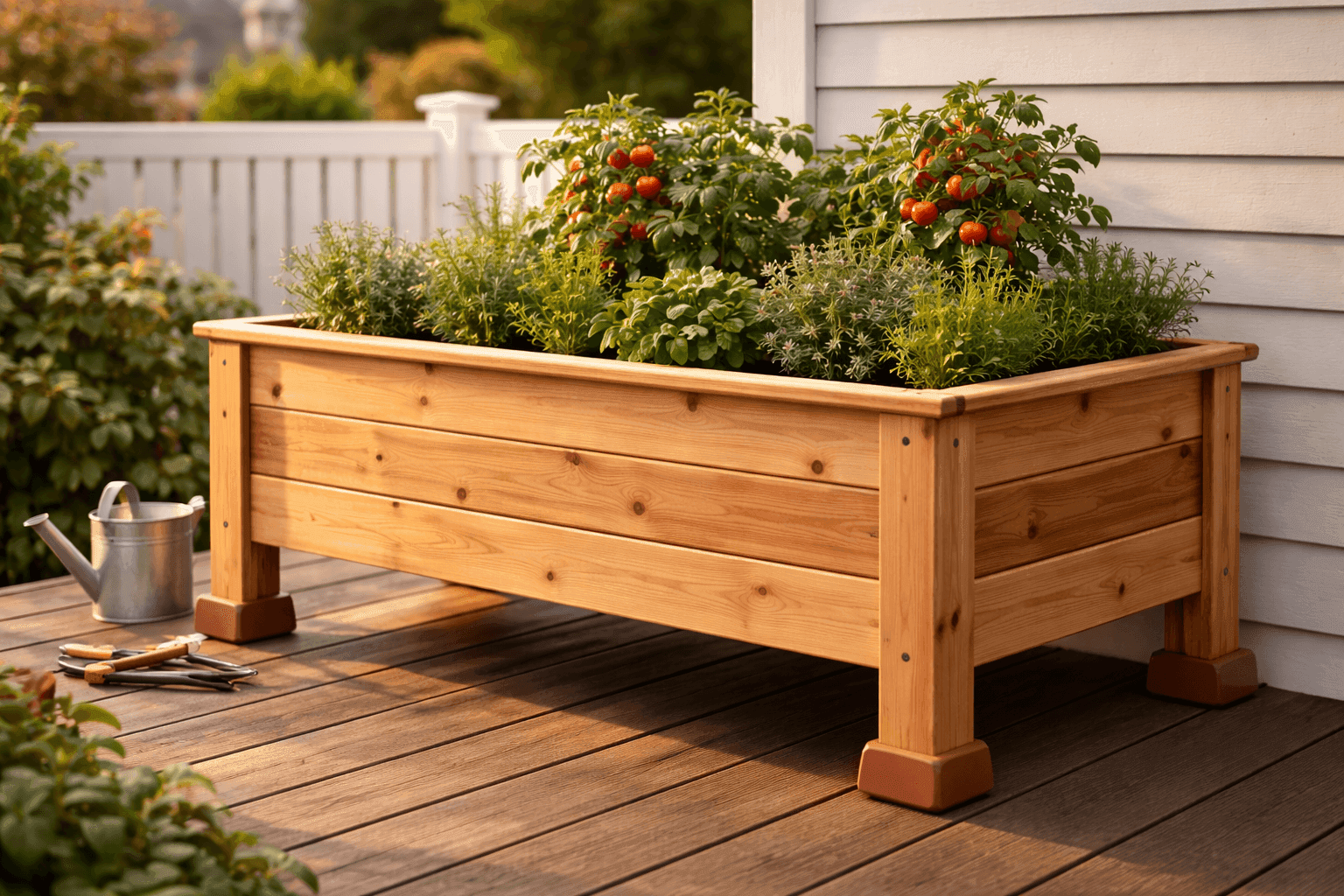DIY outdoor planter box built from cedar boards on a back deck with herbs growing inside