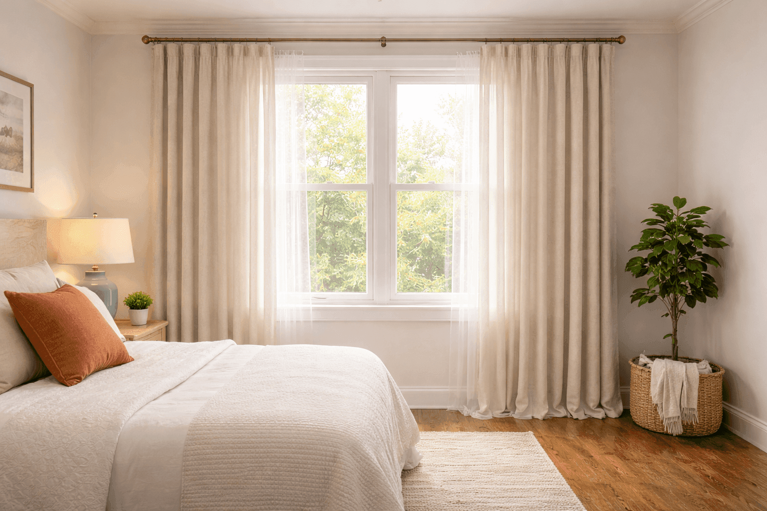 Bedroom with floor-to-ceiling linen curtains hung close to the ceiling, pooling slightly on hardwood floors in warm morning light