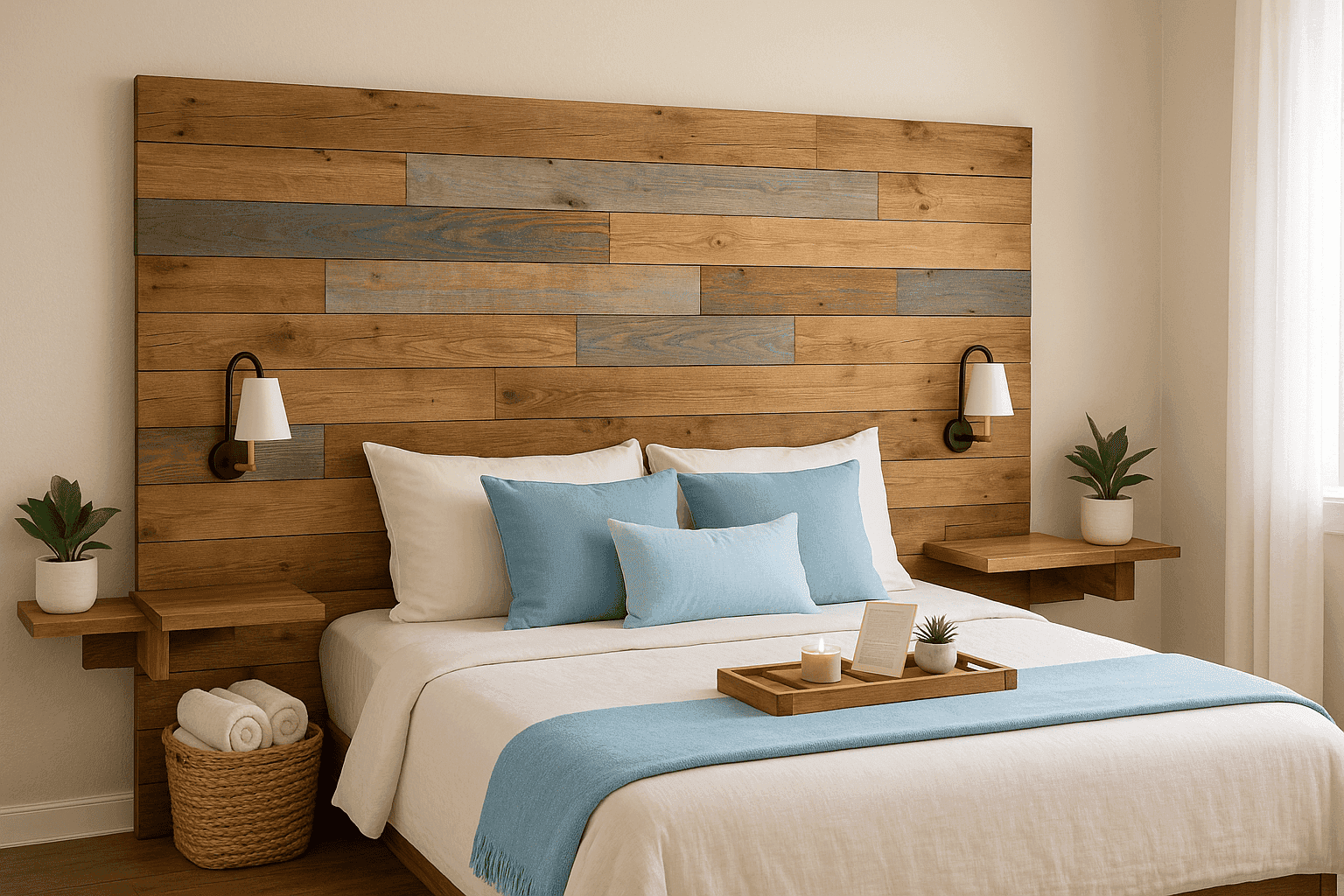 Beautiful bedroom with handcrafted wooden headboard as focal point