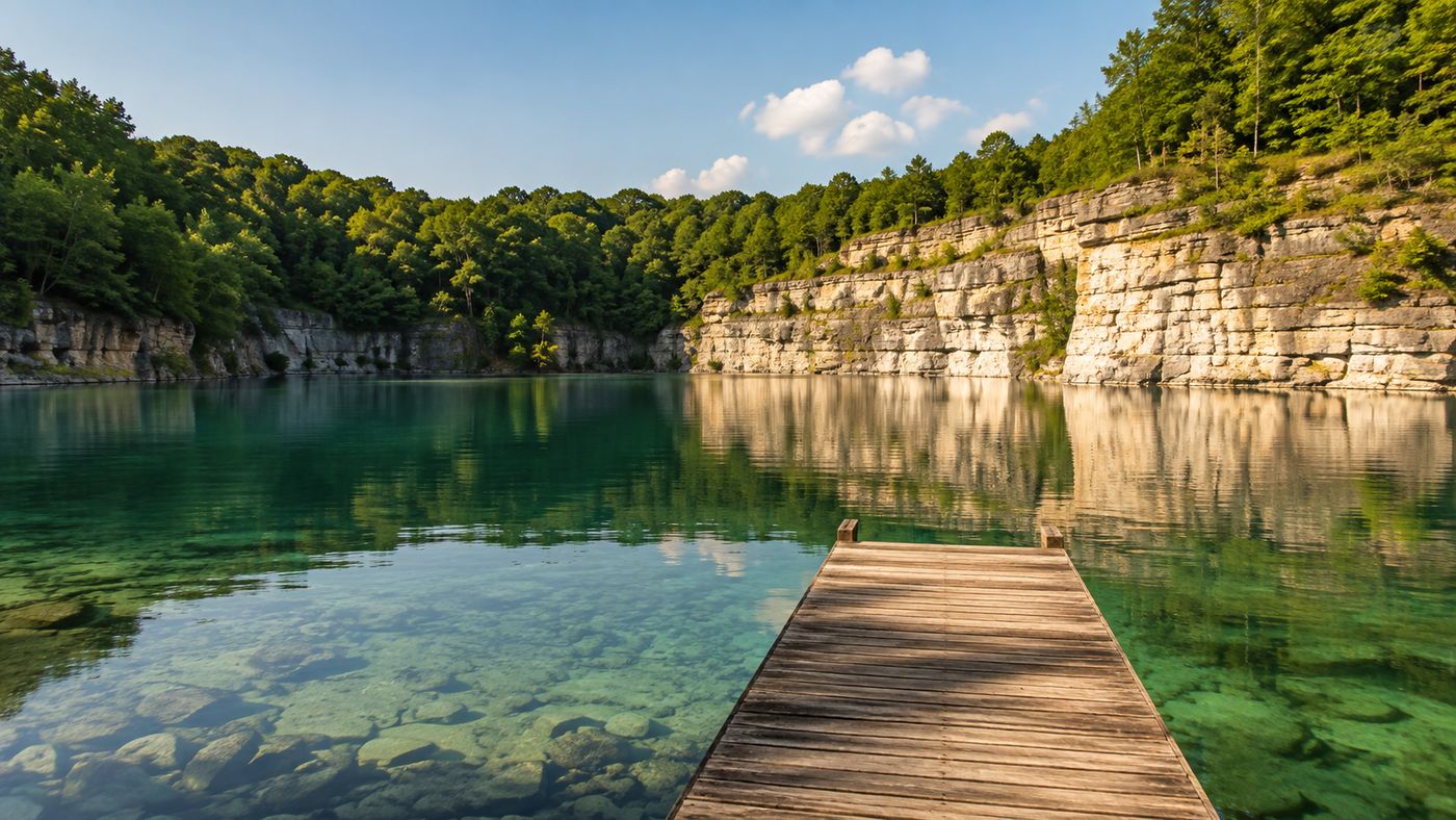A clear water quarry lake surrounded by limestone cliffs in rural Kentucky