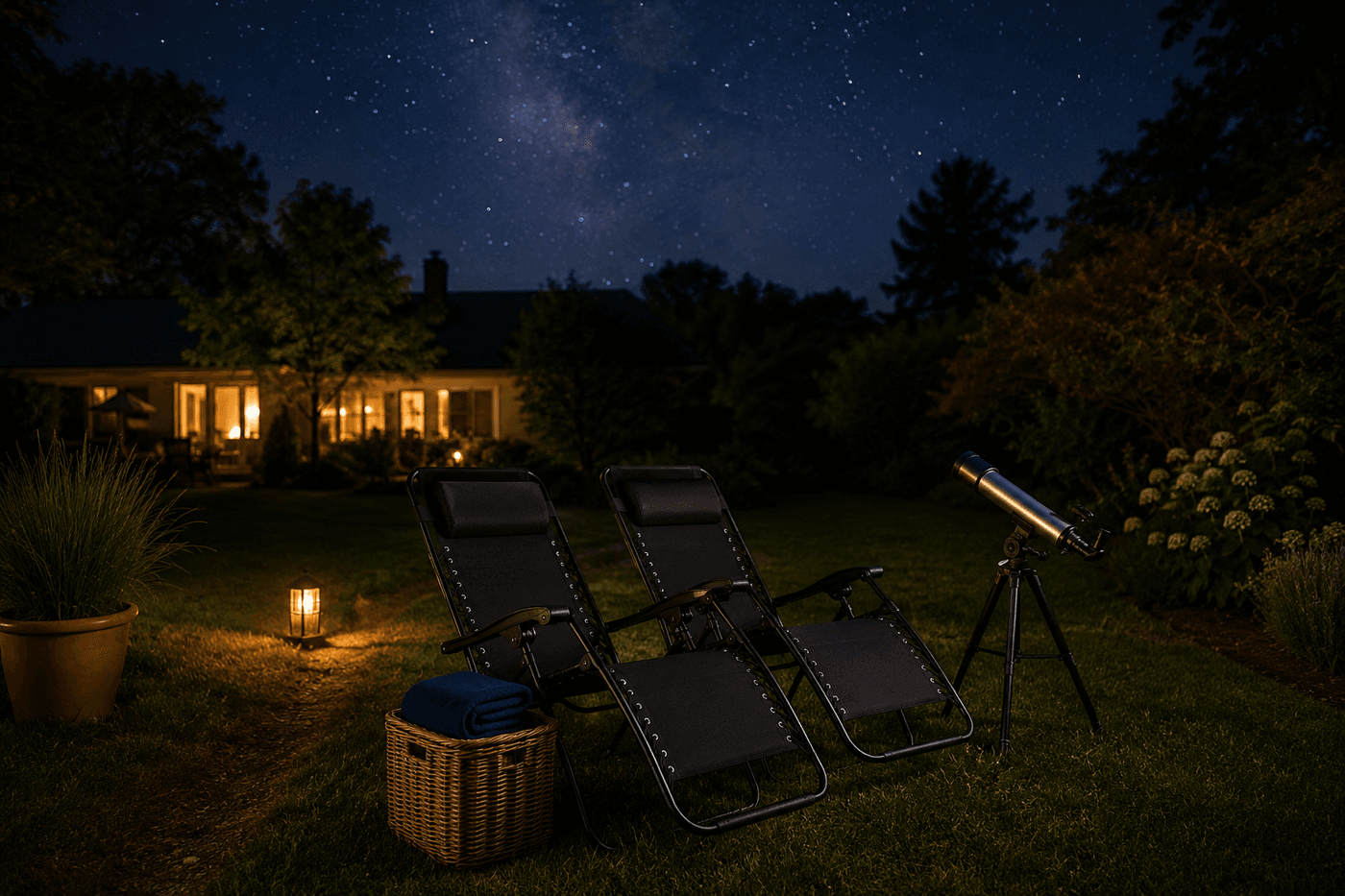 Two reclining zero-gravity chairs positioned in a dark corner of a backyard lawn facing an open sky, with a small entry-level telescope on a tripod beside them, a wicker basket with a folded blanket, and a glowing solar lantern on the path leading to the star-gazing spot