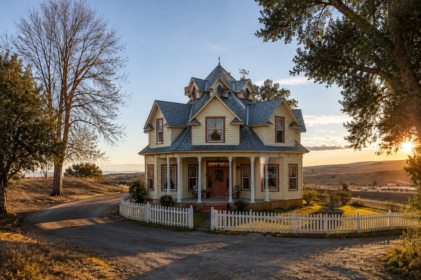 A small-town Eastern Washington street with historic early-1900s farmhouses