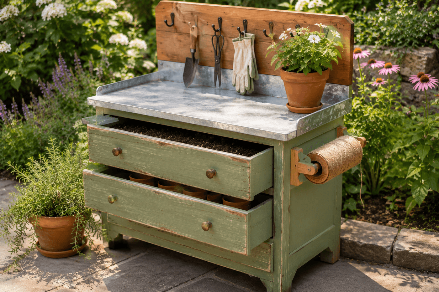 Weathered dresser converted into an outdoor potting bench painted sage green with galvanized metal work surface, cup hooks holding hand tools on a backsplash board, open top drawer as a soil bin, and remaining drawers holding pots and garden supplies