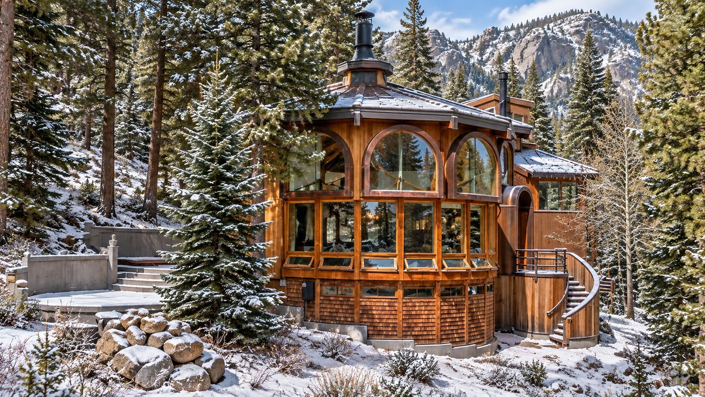 Circular redwood and cedar round house at Kirkwood ski resort in the California Sierra Nevada
