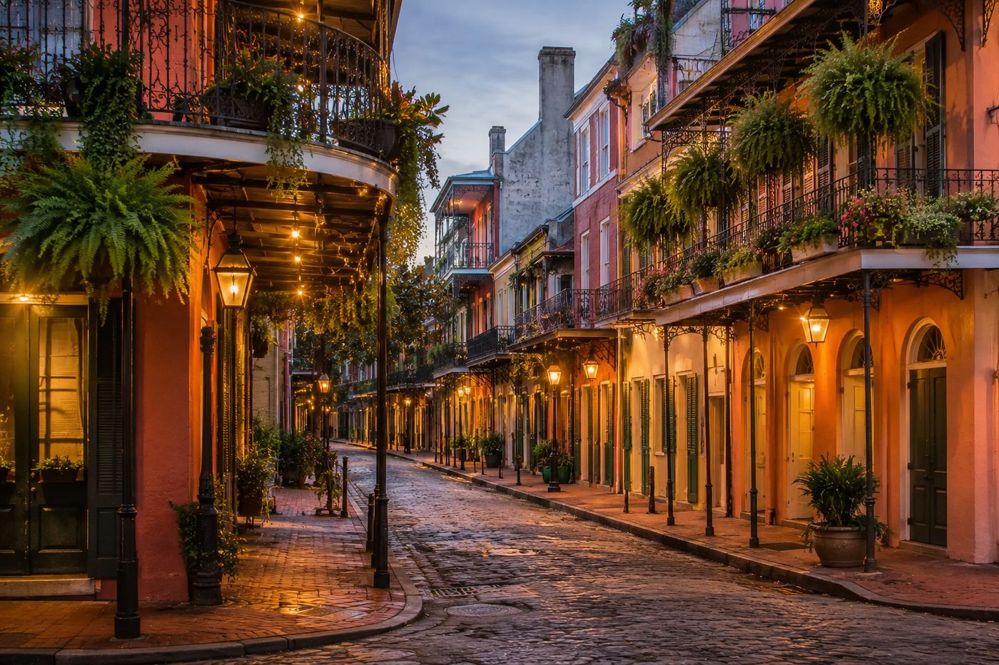 A colorful historic street in the French Quarter of New Orleans, Louisiana