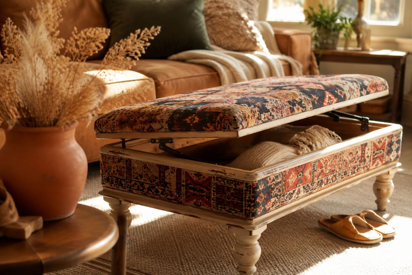 Upholstered storage ottoman made from a repurposed wooden coffee table, with a bold patterned fabric lid open to show interior storage