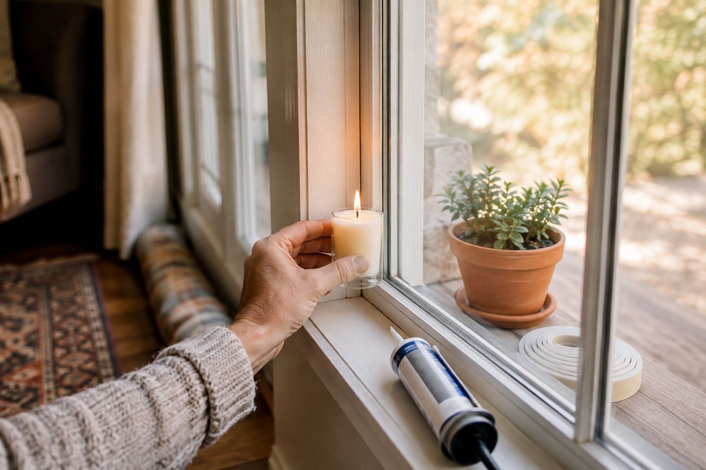 A hand holding a lit candle near a window frame to detect drafts, with weatherstripping and caulk supplies nearby