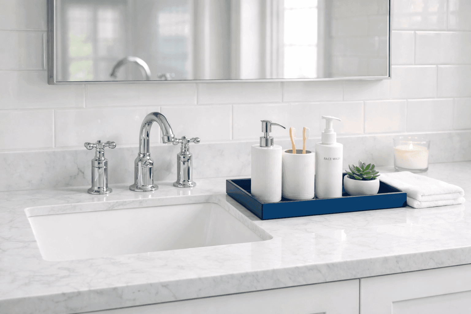 Clean organized bathroom counter with minimal items on decorative tray, sparkling mirror, and fresh plant creating spa atmosphere