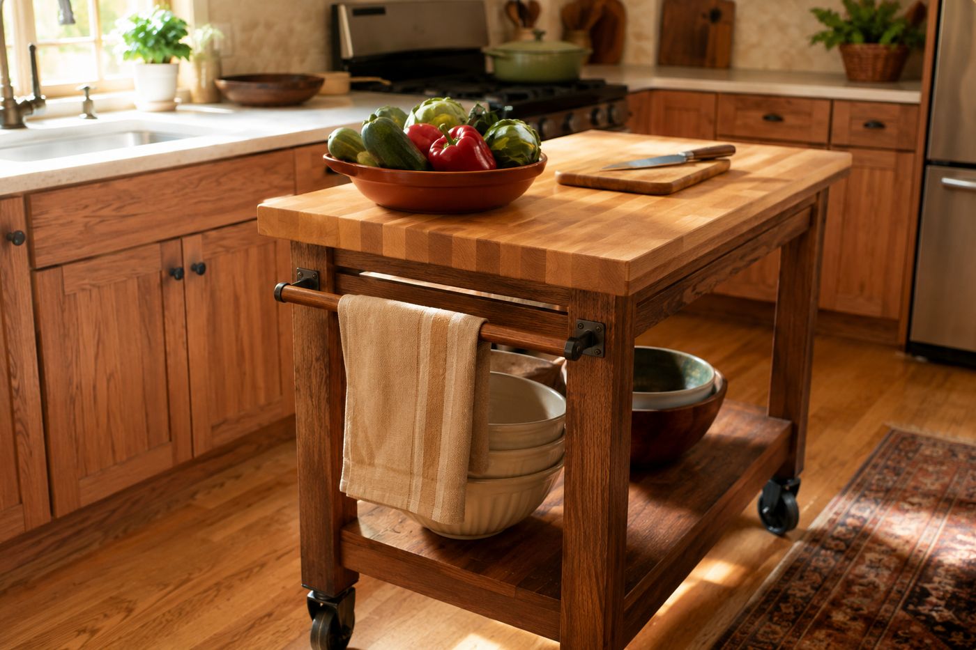A rolling kitchen cart with a warm butcher block top and lower shelf, positioned in a small kitchen as extra prep space