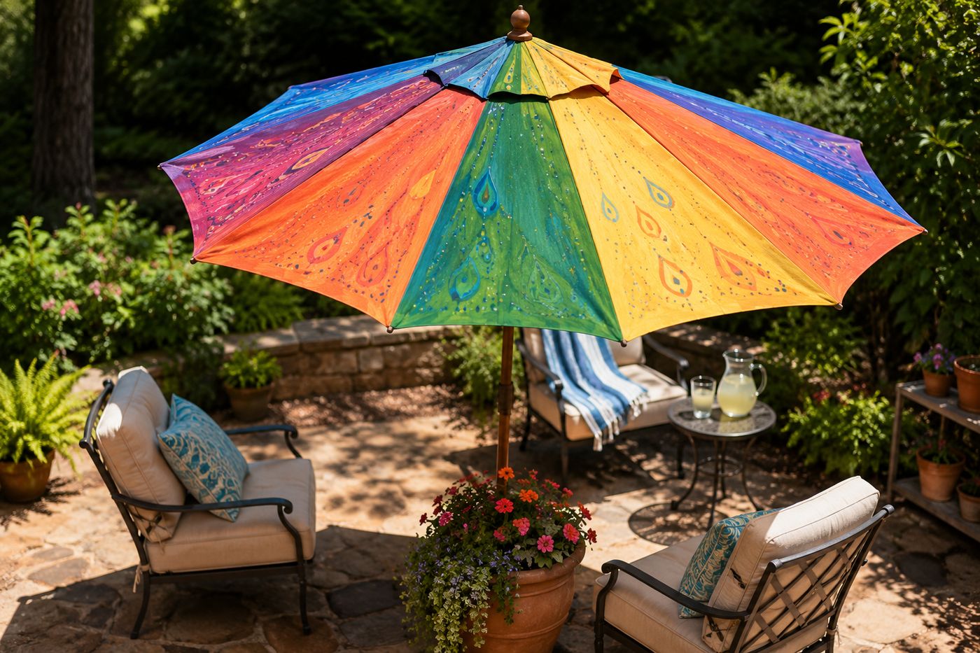 Patio umbrella with bold hand-painted rainbow triangle panels, opened over an outdoor seating area