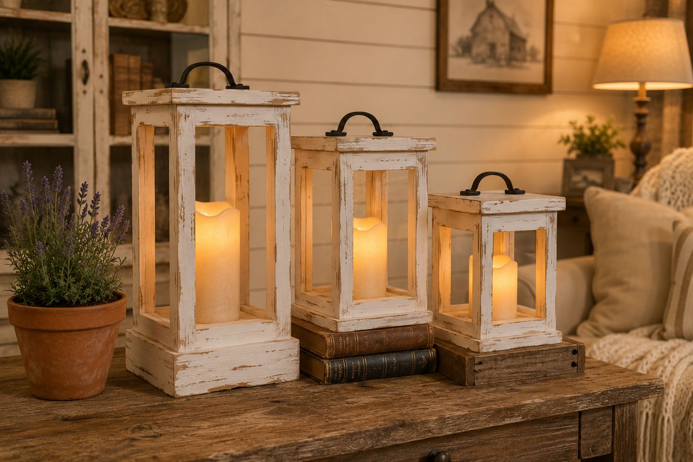 Three wooden lantern boxes in graduated heights grouped on a farmhouse porch — distressed white paint finish with black drawer pull handles, each holding a warm-glowing LED pillar candle visible through the open sides, arranged at different heights on stacked books and a wooden crate