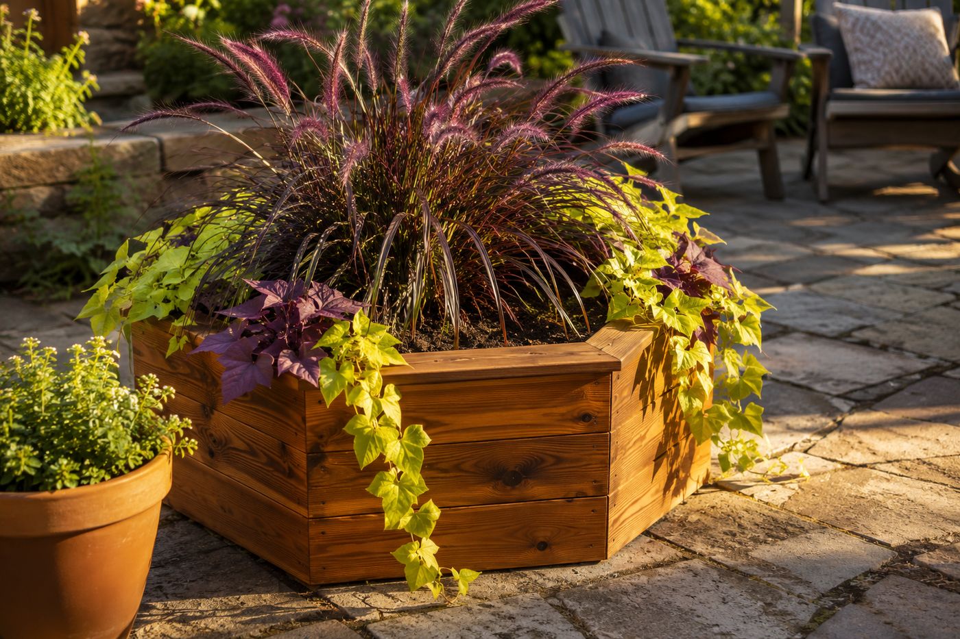Cedar hexagonal planter box with teak oil finish on a patio, planted with purple fountain grass and trailing sweet potato vine