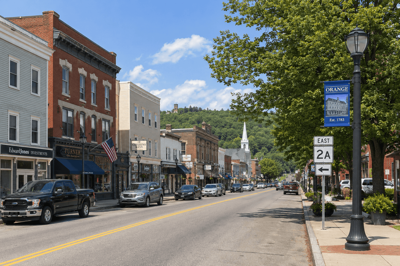 East Main Street in Orange, Massachusetts, a small North Quabbin region town with a historic commercial district along Route 2A.